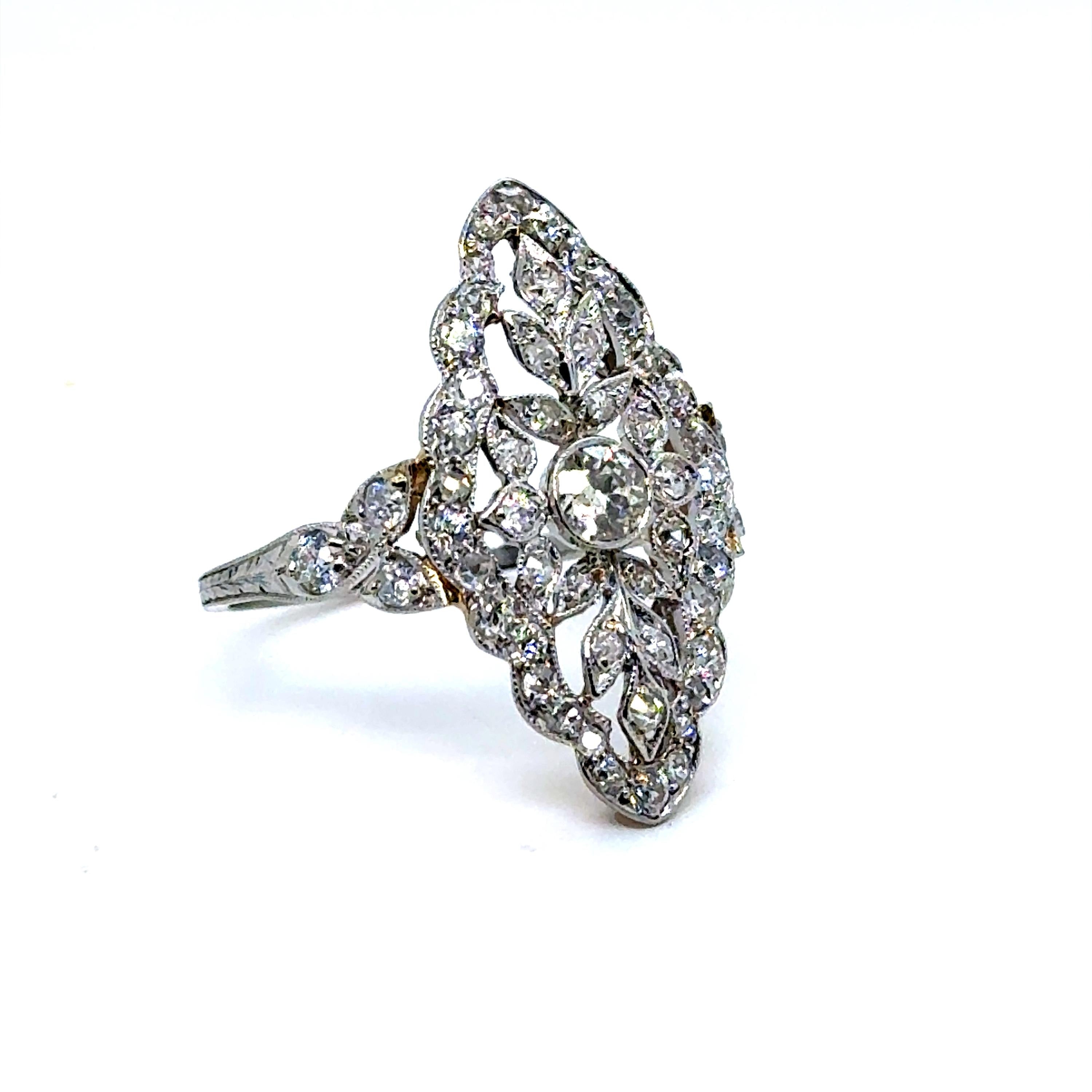 Beautiful Ornate Edwardian Platinum and 18K Yellow Gold Diamond Ring - 1.48ct - by Lambert Brothers