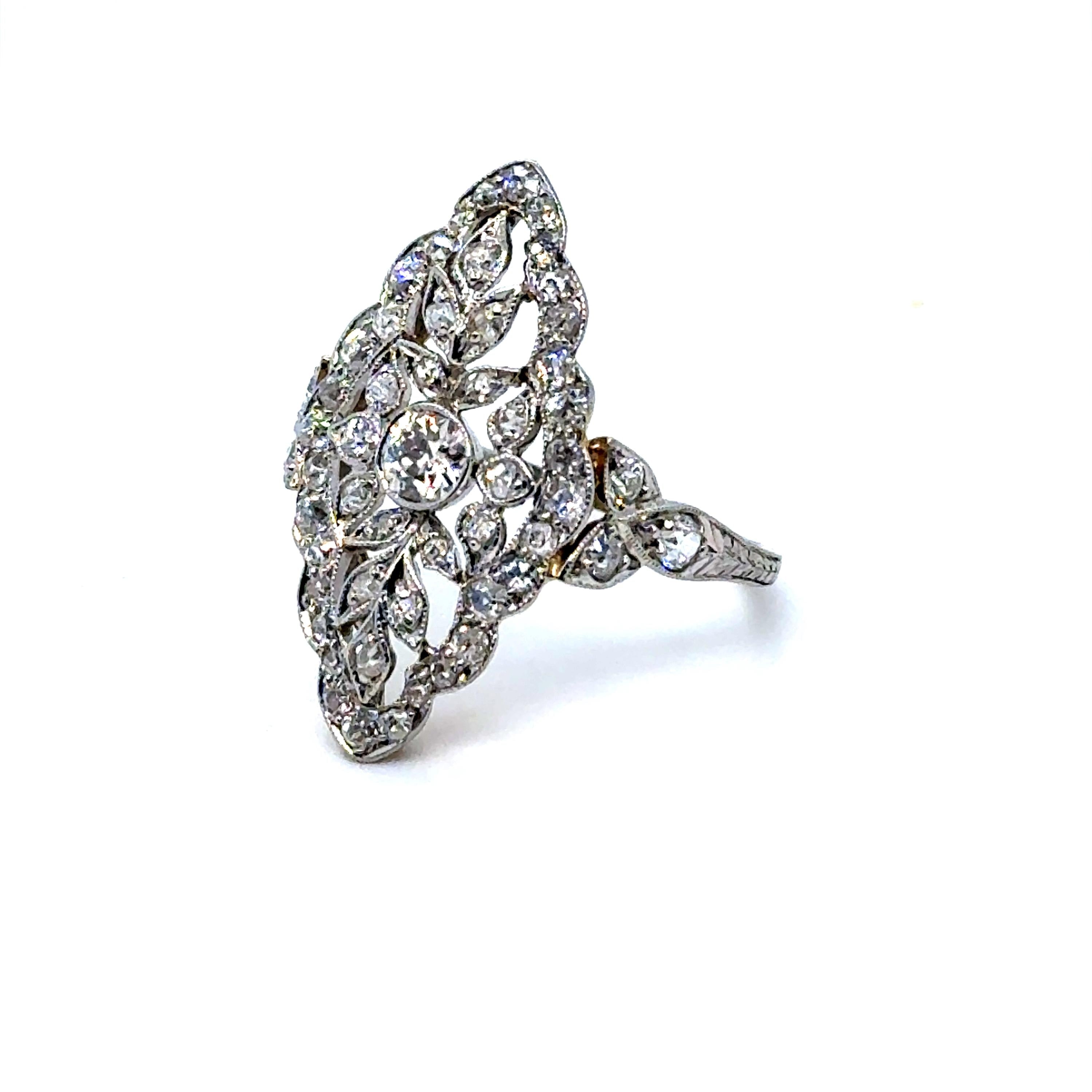 Beautiful Ornate Edwardian Platinum and 18K Yellow Gold Diamond Ring - 1.48ct - by Lambert Brothers