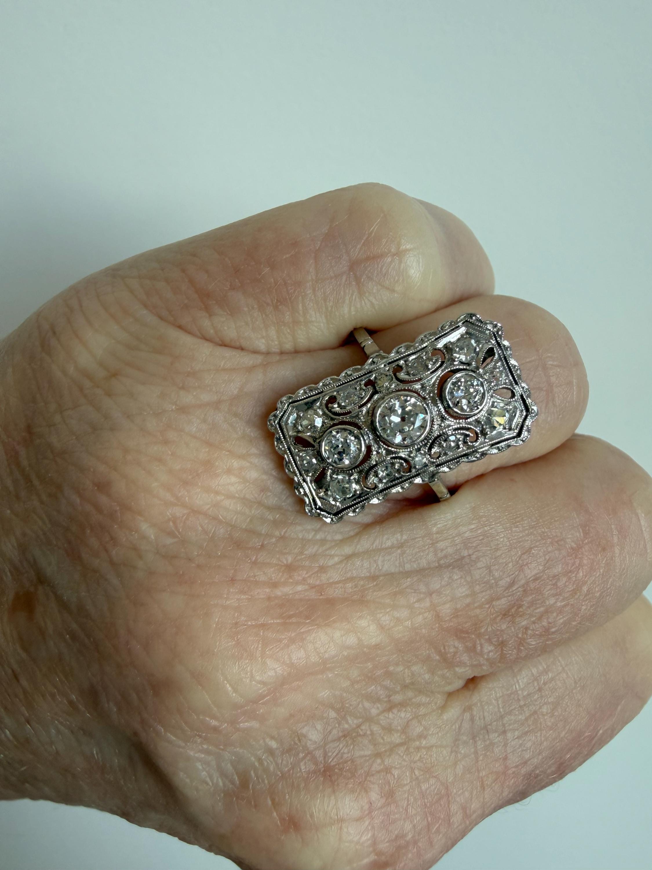 Vintage Open Work Platinum Diamond Cluster Engagement Ring - 1.23ct.
