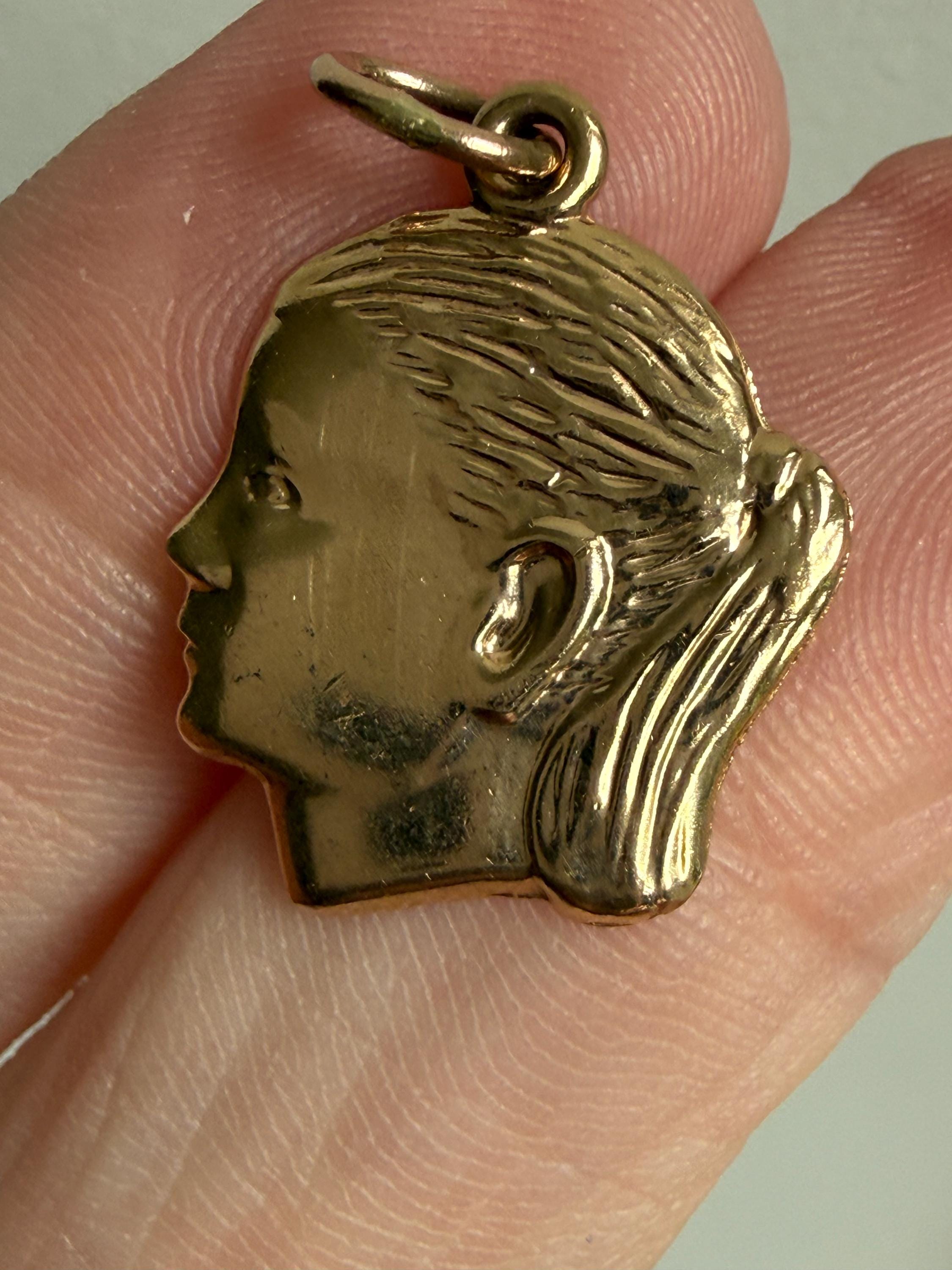Vintage 14K Yellow Gold Large Girl Head Charm/ Pendant.