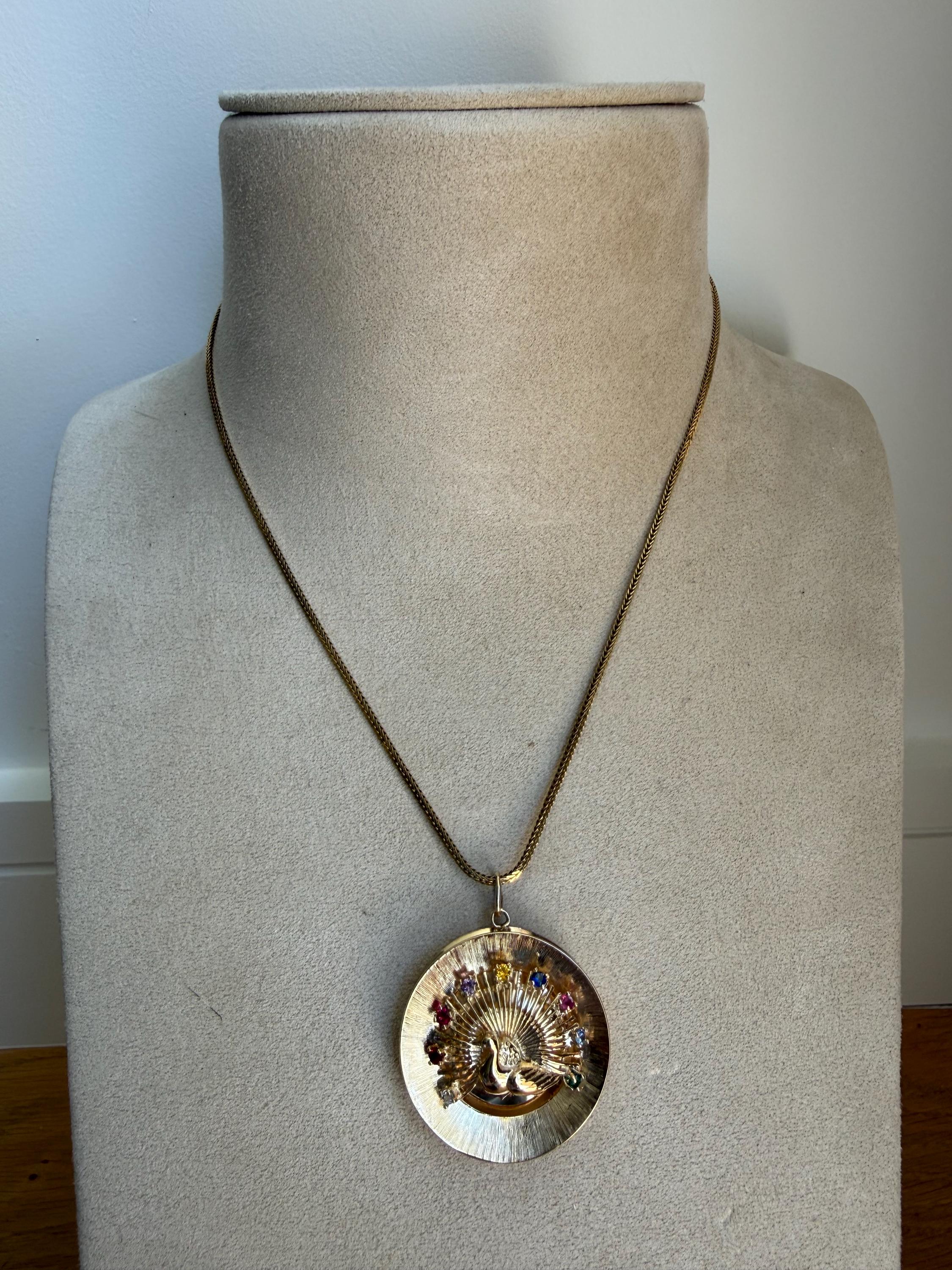 Vintage 14K Yellow Gold Peacock Medallion Pendant/ Slide with Gemstones.