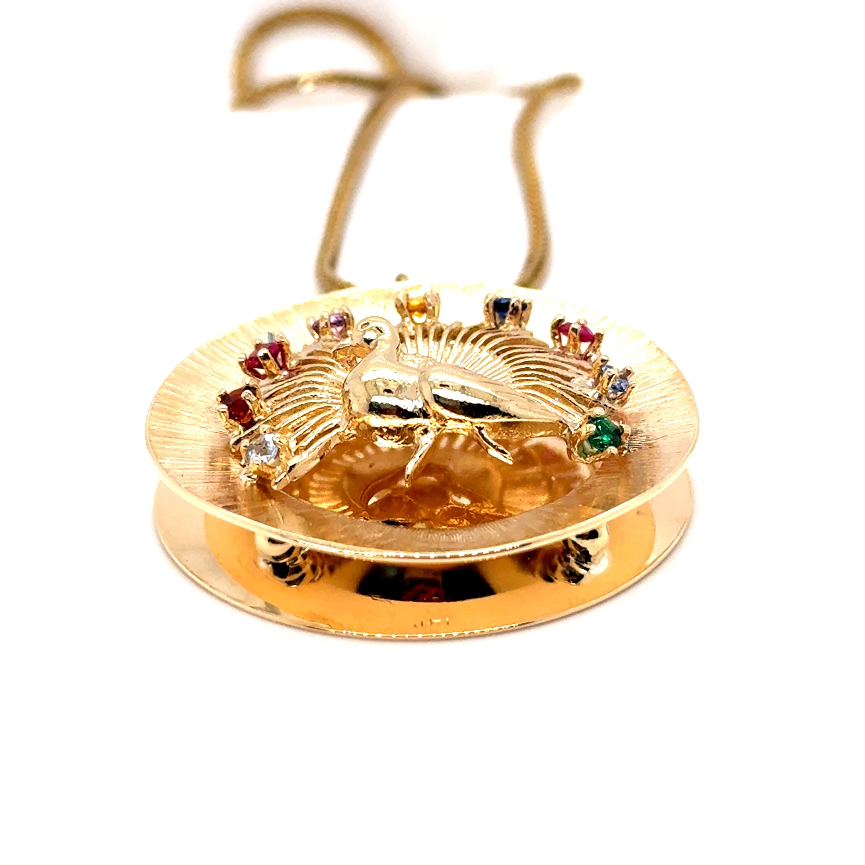 Vintage 14K Yellow Gold Peacock Medallion Pendant/ Slide with Gemstones.
