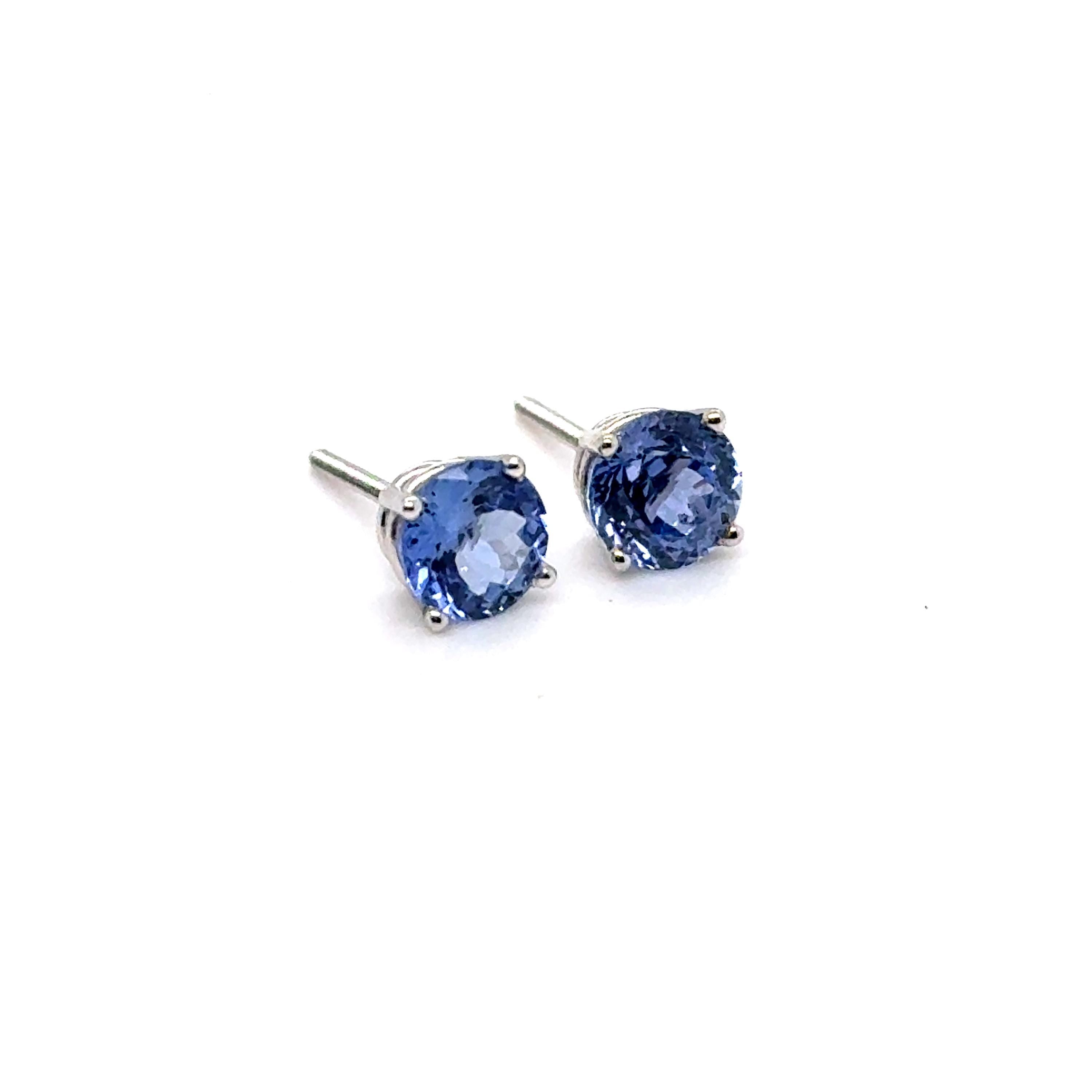 Vintage Unheated Ceylon Round Cut Sapphire Stud Earrings in 14K White Gold - 1.44ct.