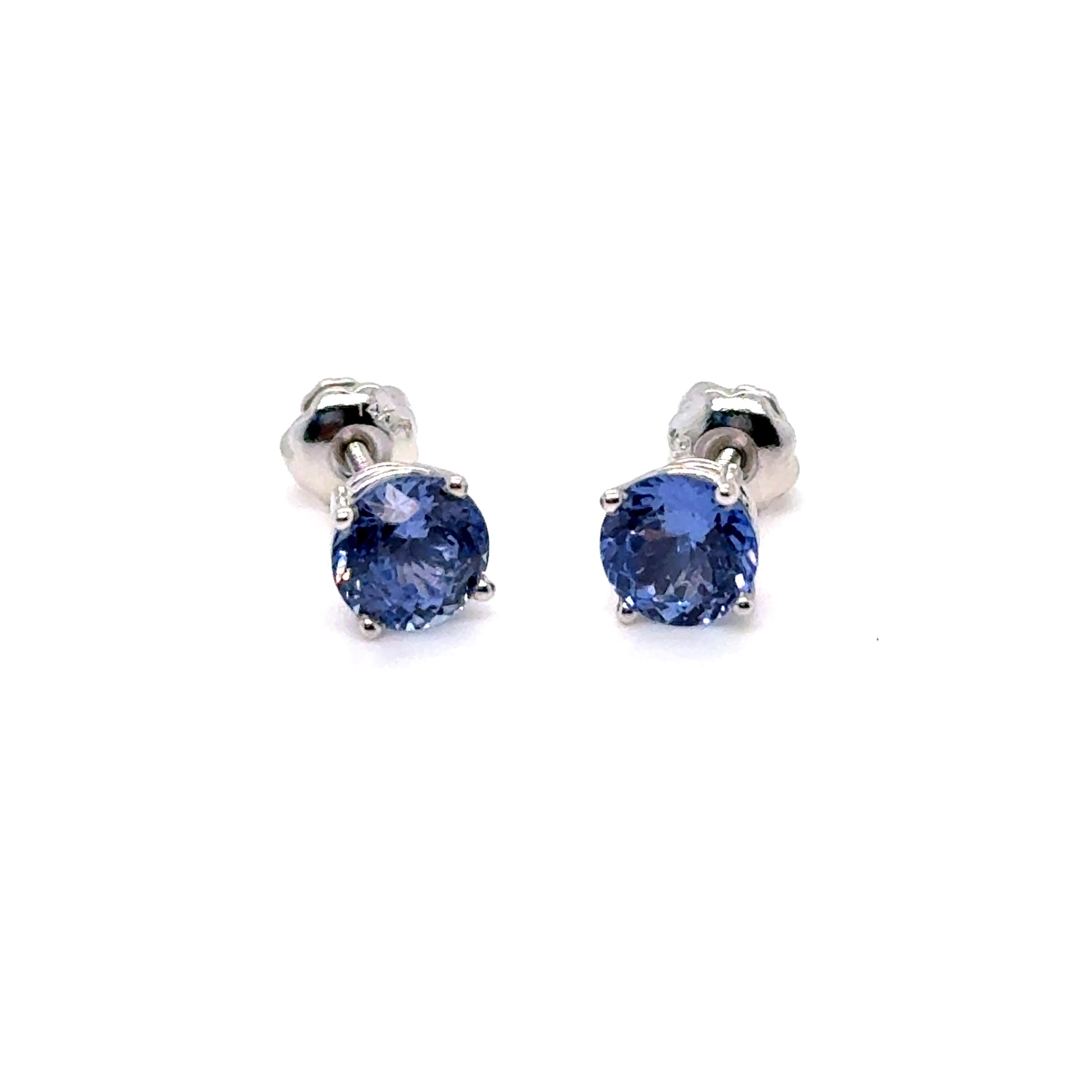 Vintage Unheated Ceylon Round Cut Sapphire Stud Earrings in 14K White Gold - 1.44ct.
