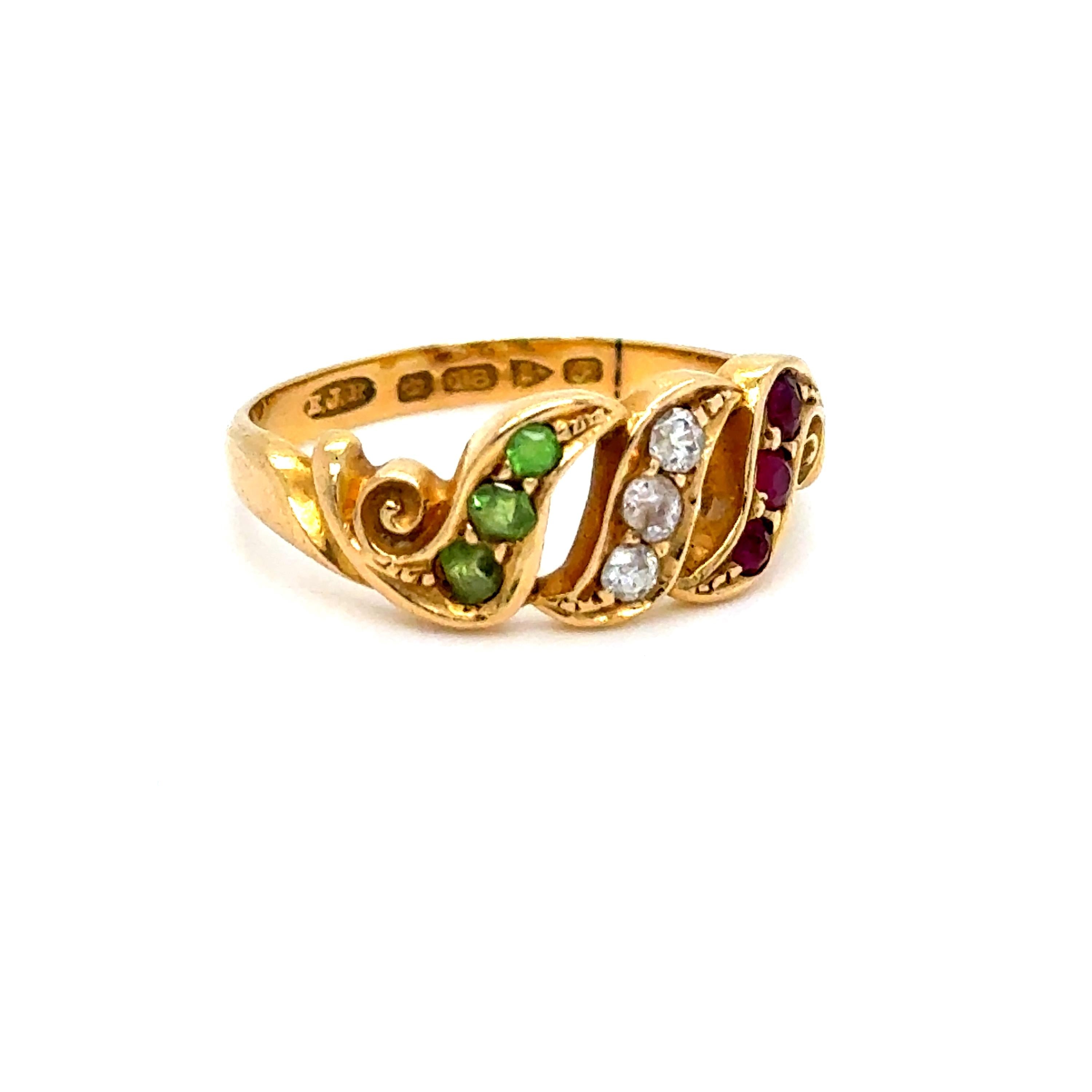 Antique 18K Yellow Gold Diamond, Ruby and Garnet Ring - Suffragette Ring