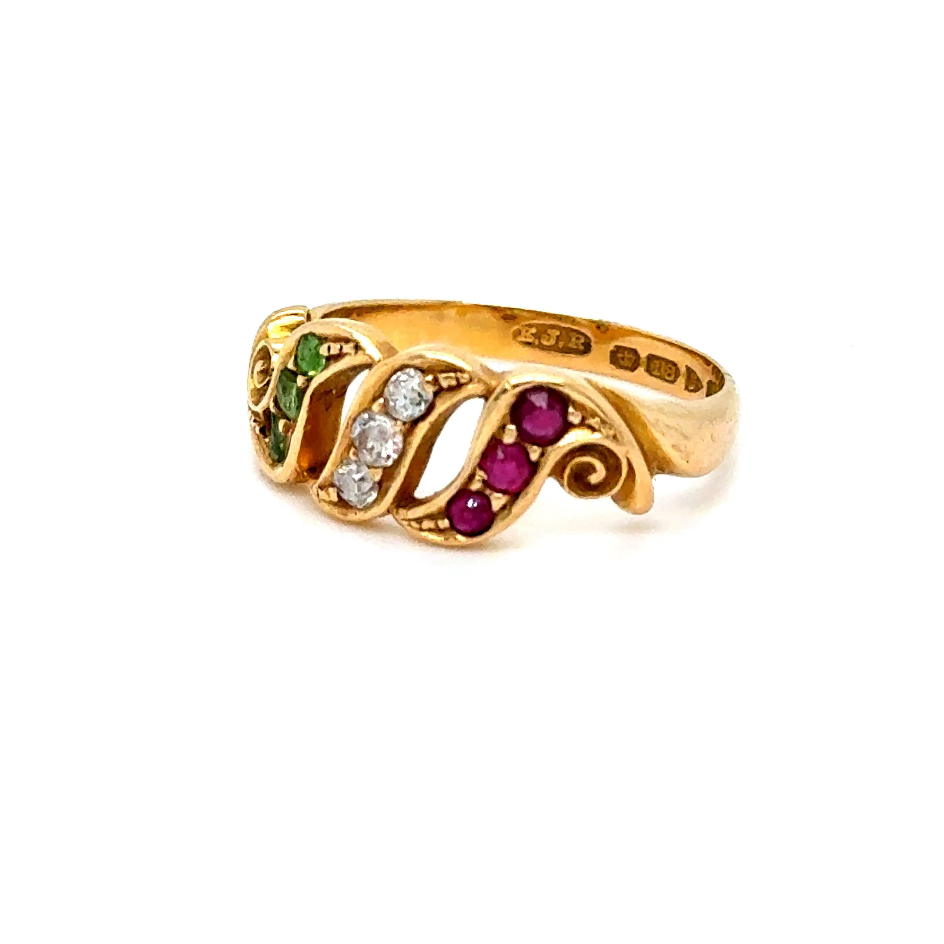 Antique 18K Yellow Gold Diamond, Ruby and Garnet Ring - Suffragette Ring