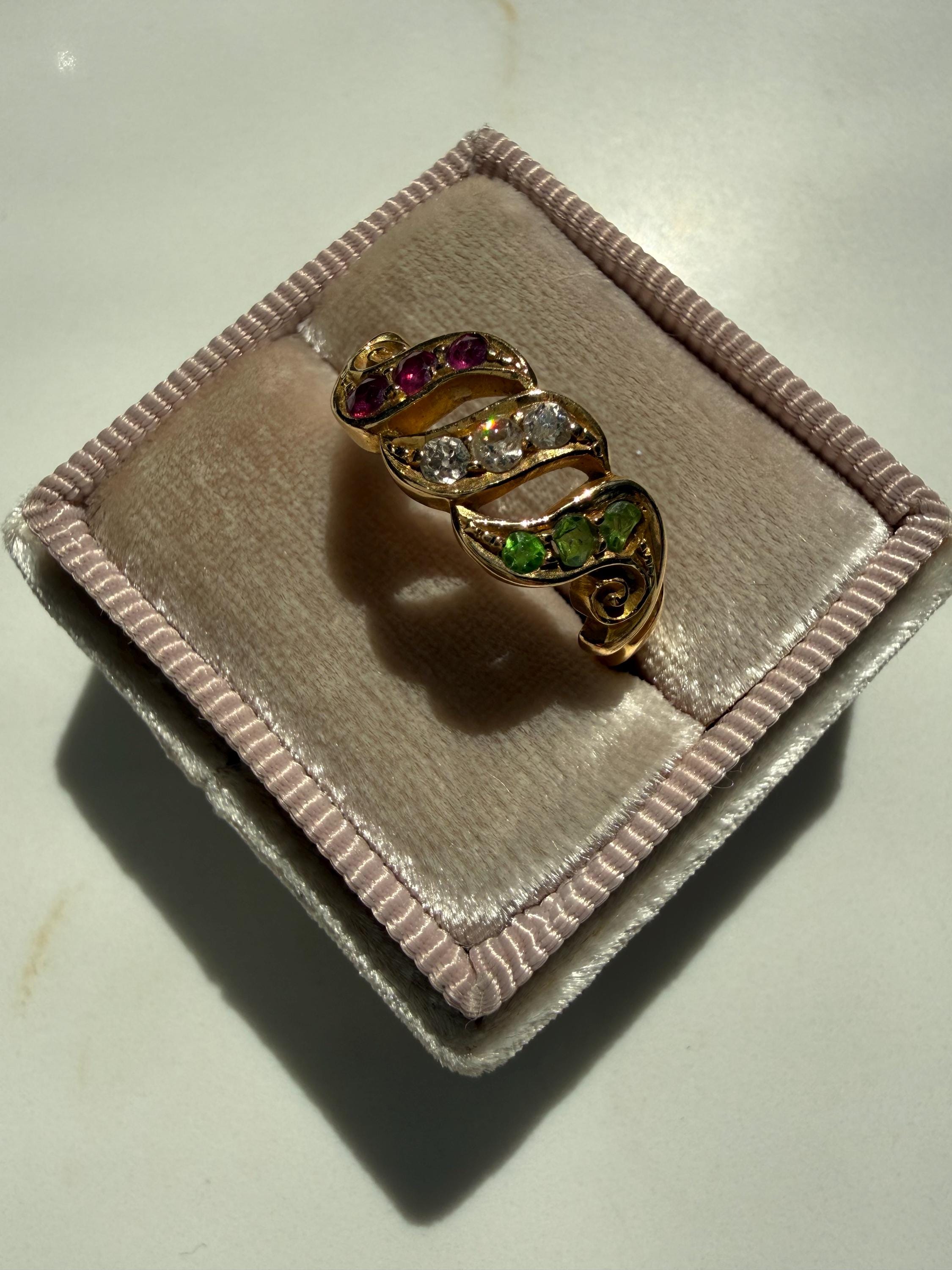 Antique 18K Yellow Gold Diamond, Ruby and Garnet Ring - Suffragette Ring