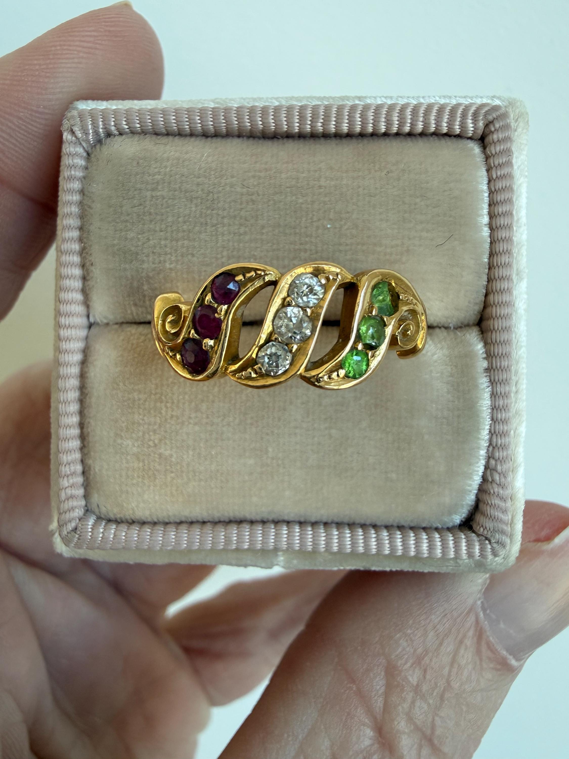 Antique 18K Yellow Gold Diamond, Ruby and Garnet Ring - Suffragette Ring