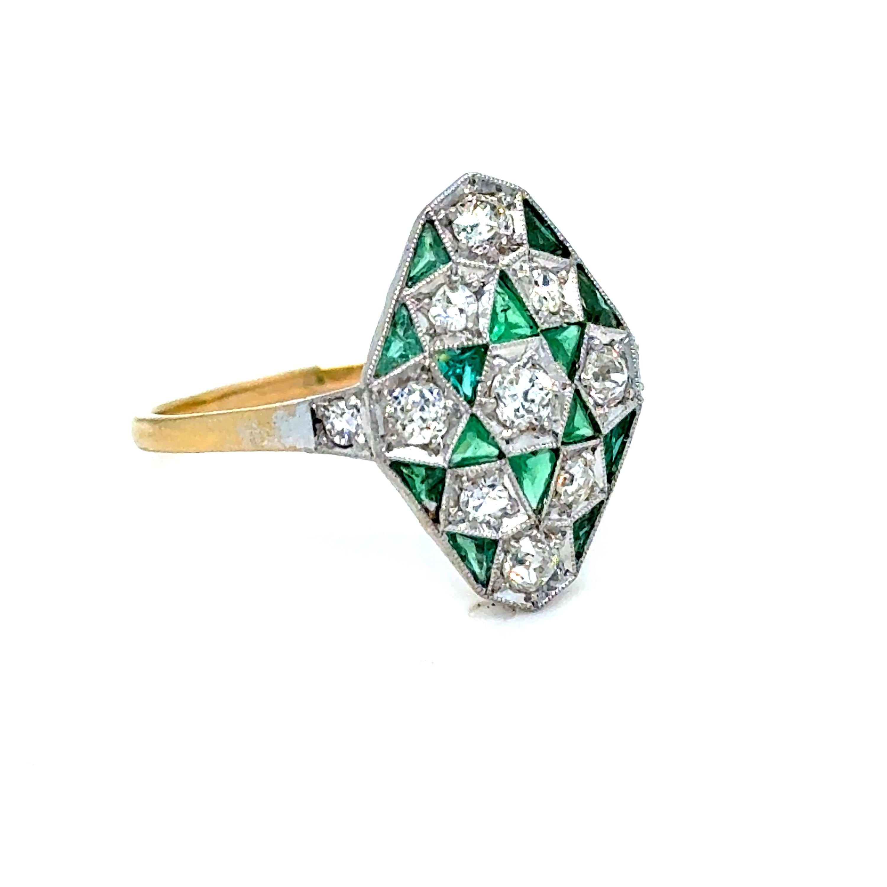 Antique 18K Yellow Gold/ Platinum Diamond and Emerald Ring Engagement Ring.