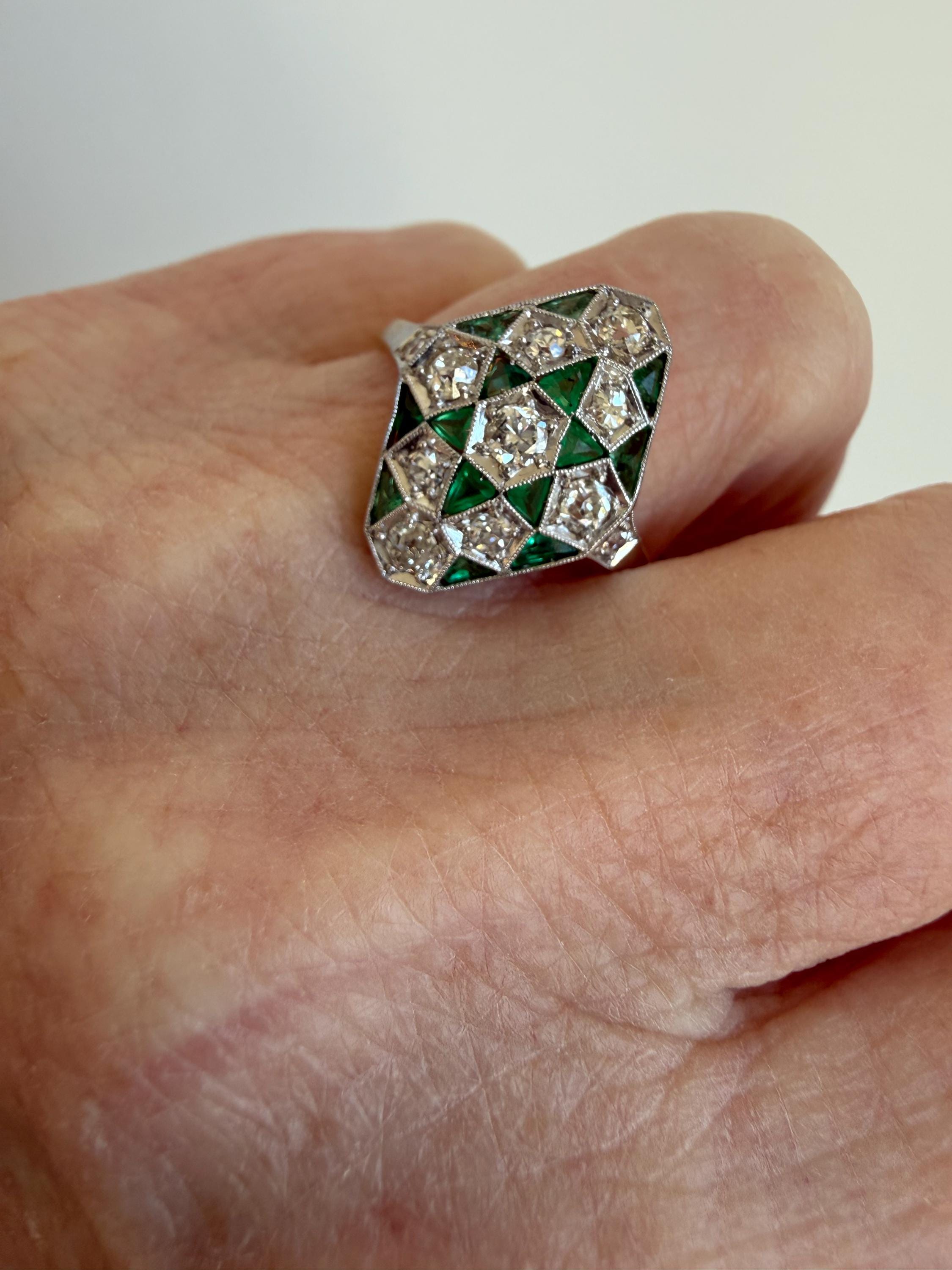 Antique 18K Yellow Gold/ Platinum Diamond and Emerald Ring Engagement Ring.