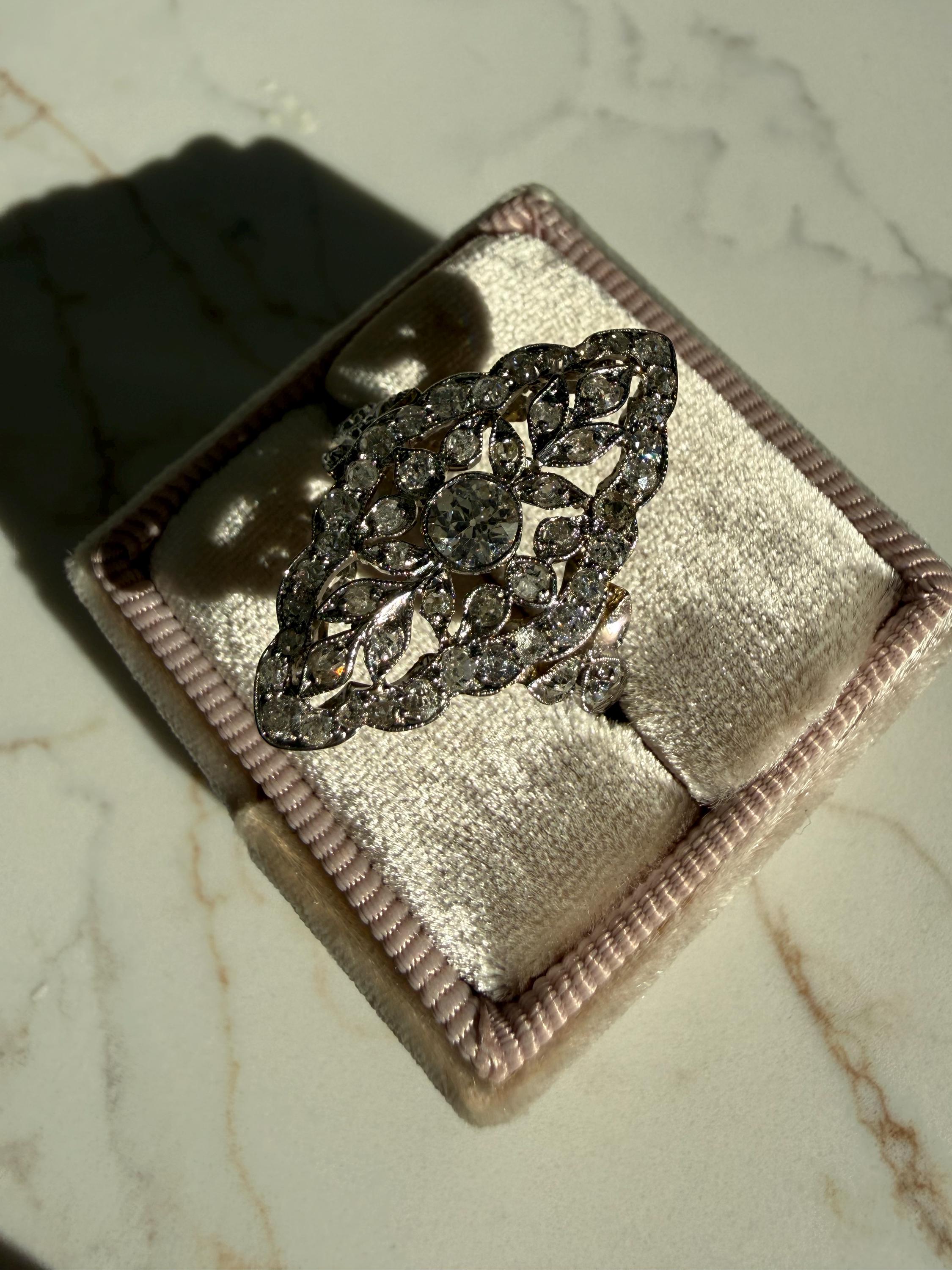 Beautiful Ornate Edwardian Platinum and 18K Yellow Gold Diamond Ring - 1.48ct - by Lambert Brothers