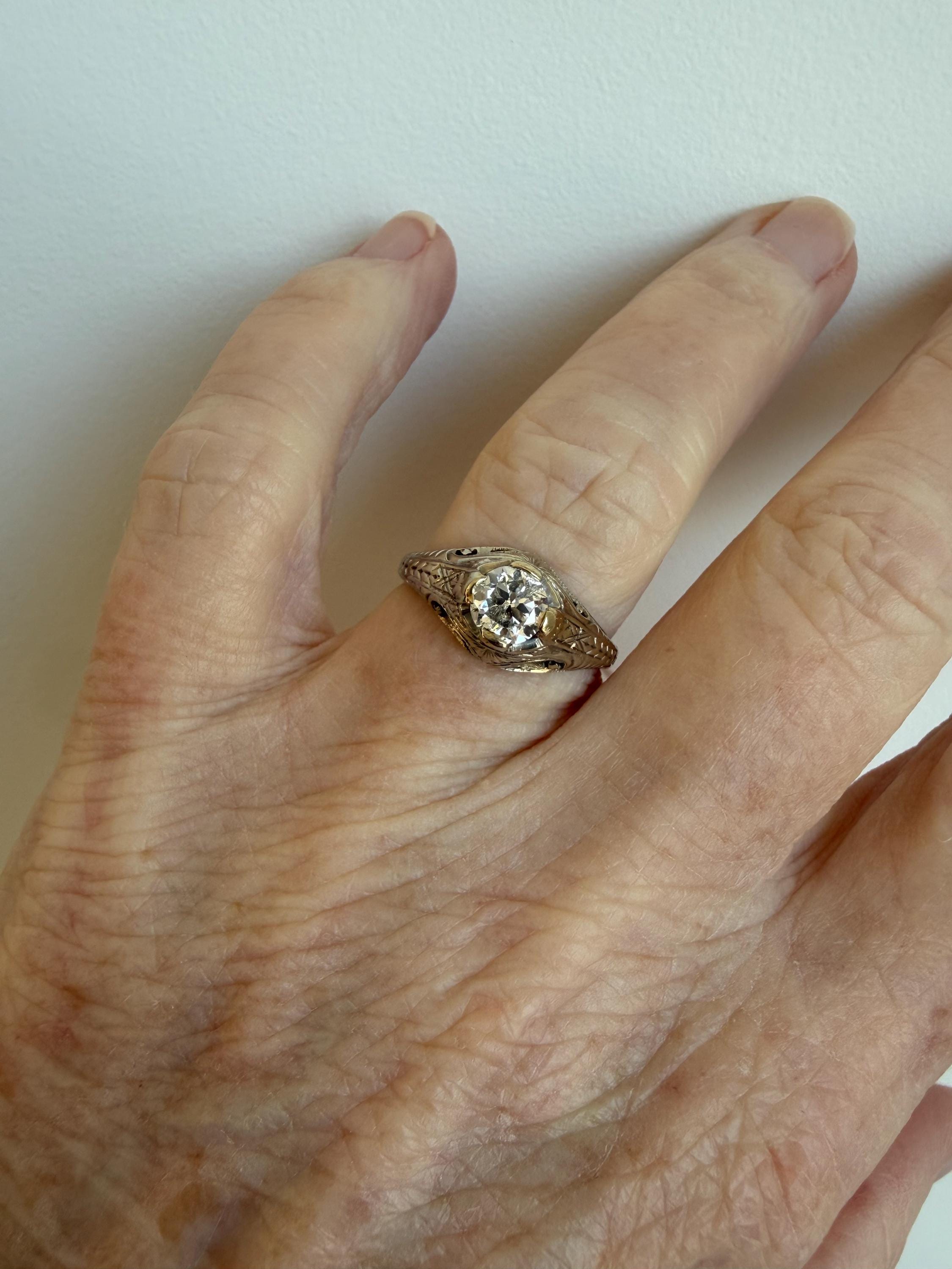 Vintage Filigree 18K White Gold Solitaire Diamond Engagement Ring - 0.55ct