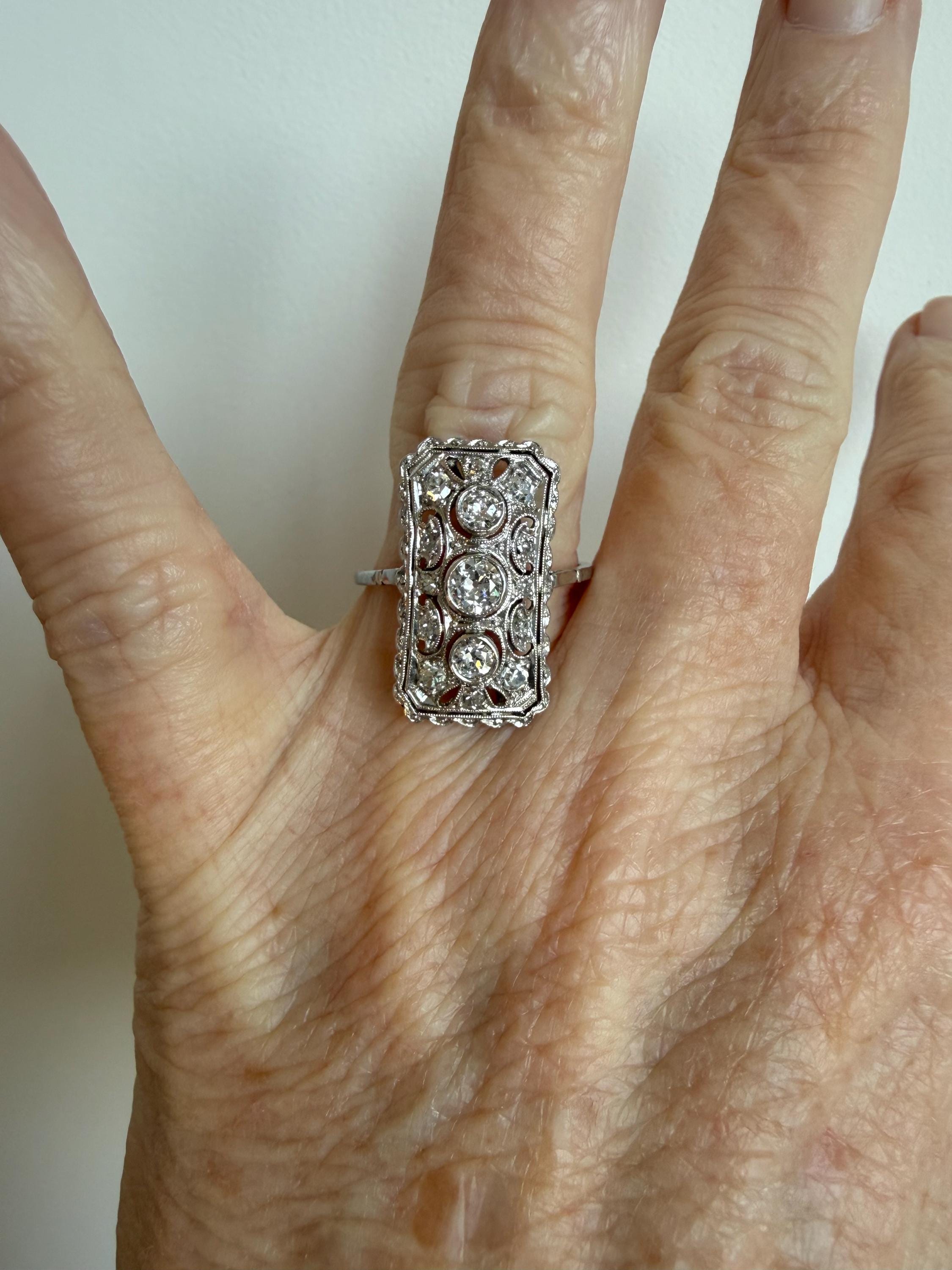 Vintage Open Work Platinum Diamond Cluster Engagement Ring - 1.23ct.