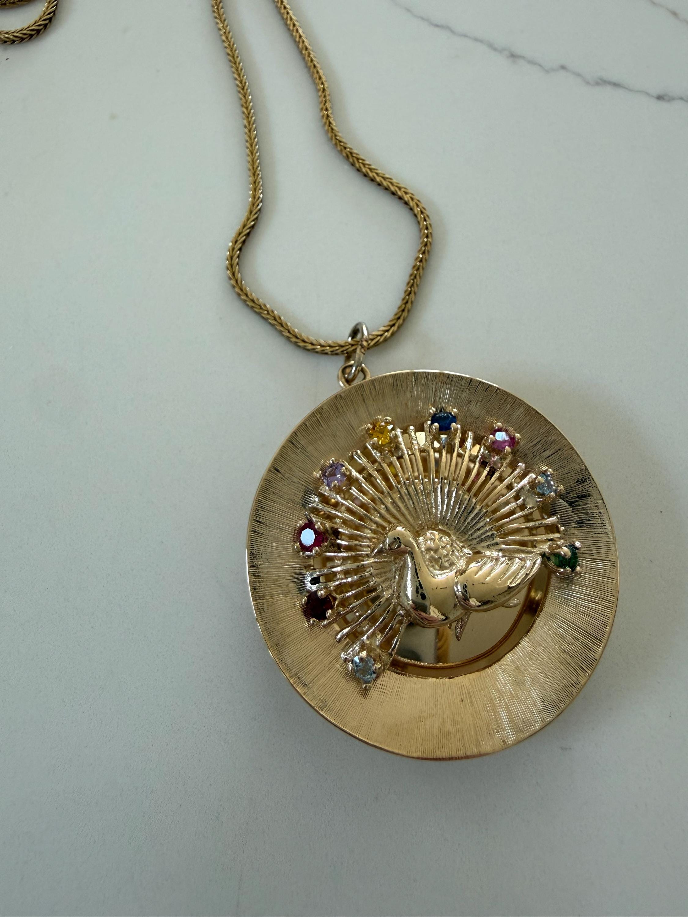 Vintage 14K Yellow Gold Peacock Medallion Pendant/ Slide with Gemstones.