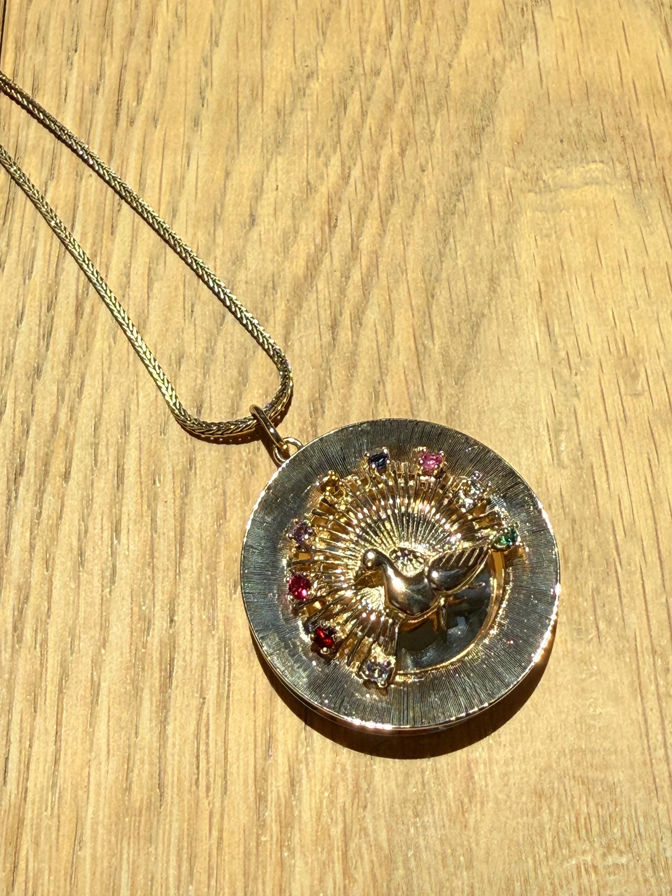 Vintage 14K Yellow Gold Peacock Medallion Pendant/ Slide with Gemstones.