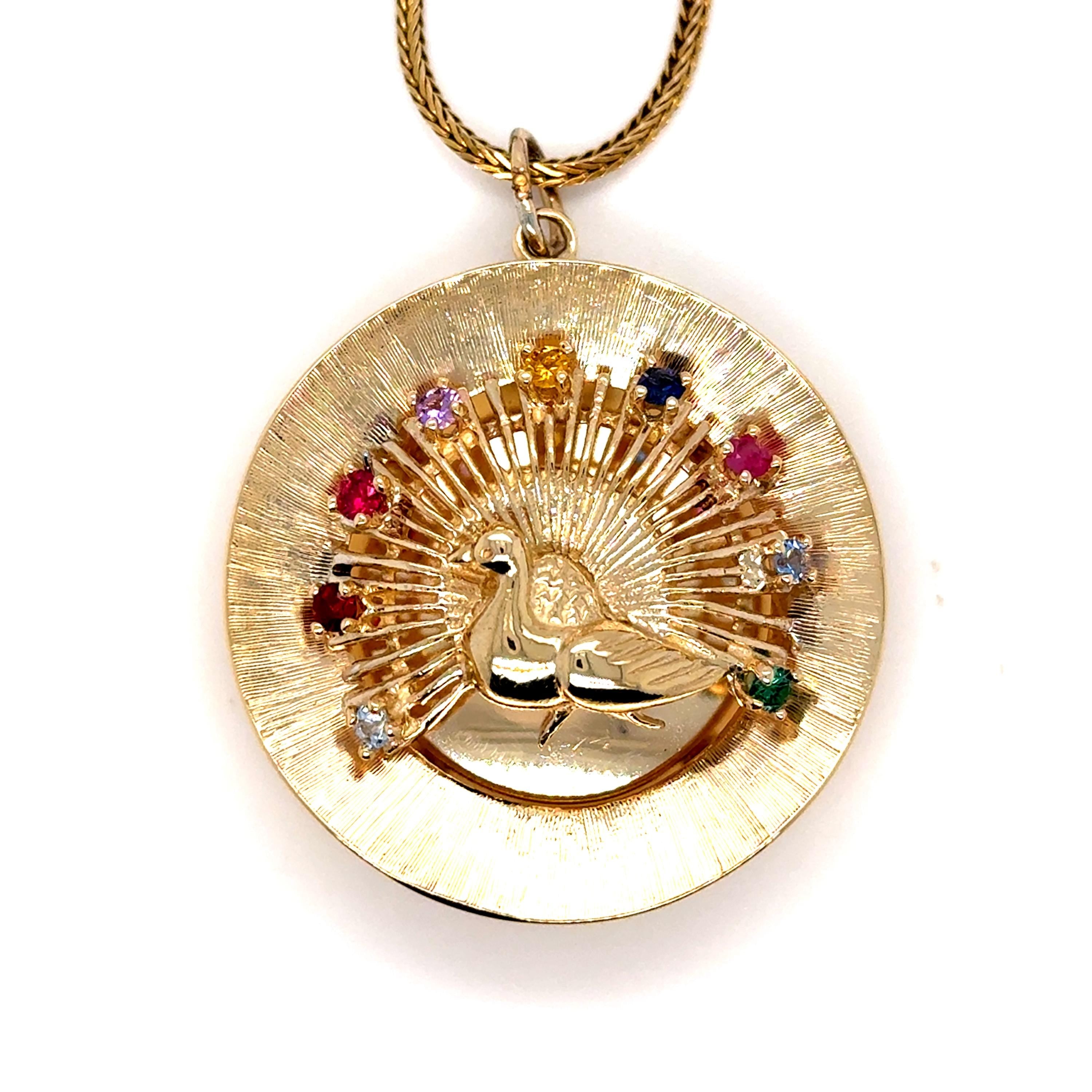 Vintage 14K Yellow Gold Peacock Medallion Pendant/ Slide with Gemstones.