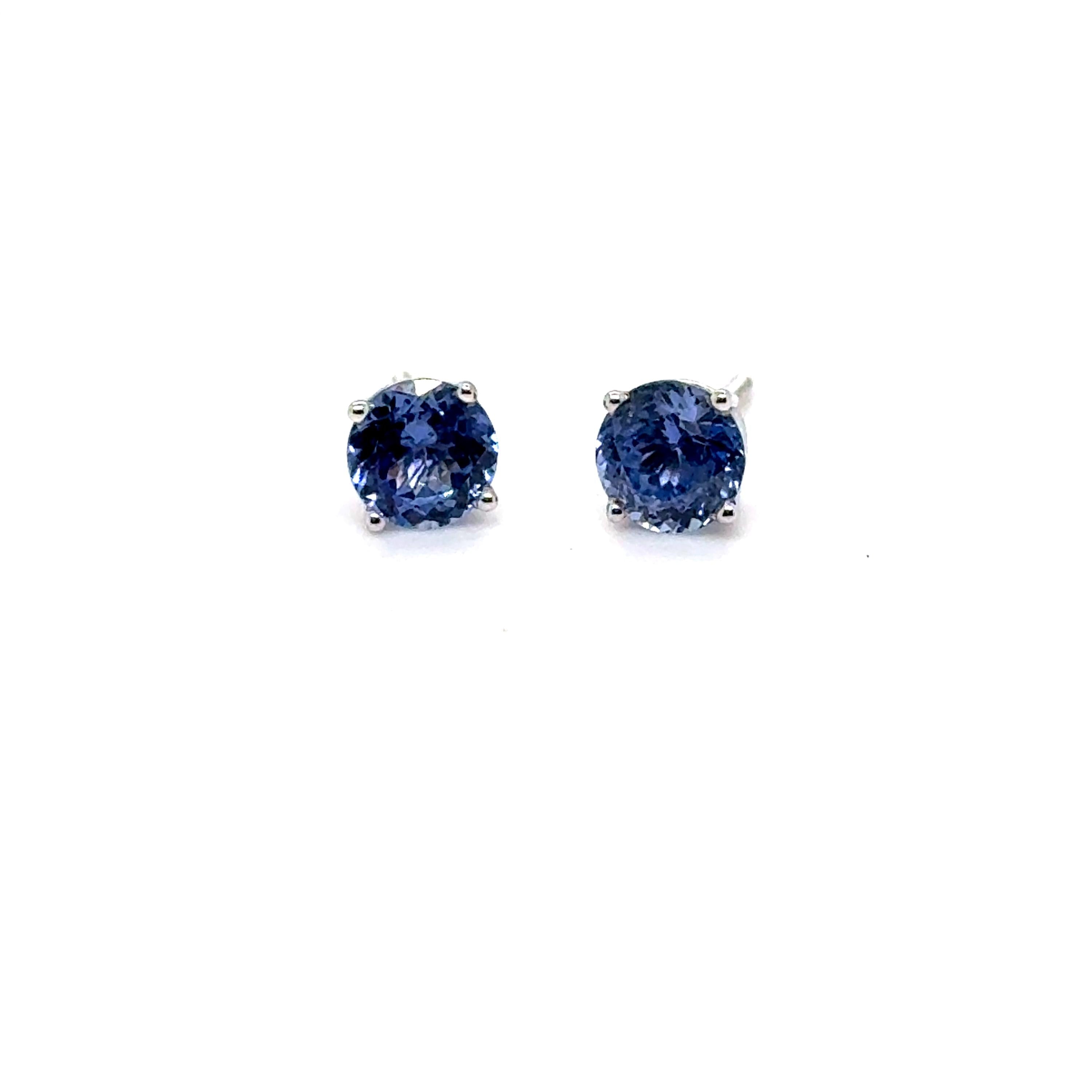 Vintage Unheated Ceylon Round Cut Sapphire Stud Earrings in 14K White Gold - 1.44ct.