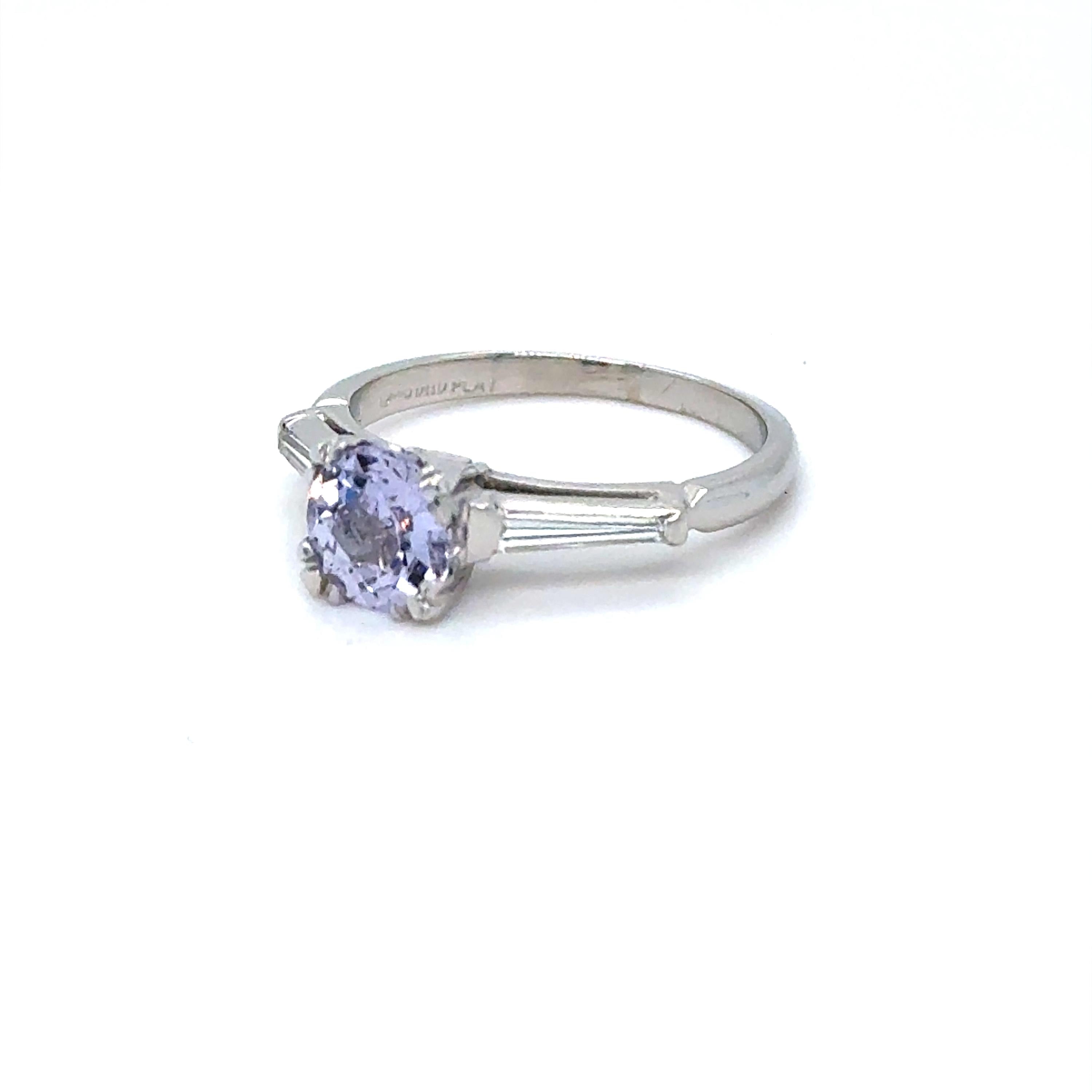 Vintage Platinum Unheated Light Lavender Sapphire Engagement Ring with Baguette Diamonds - 1.81ct.