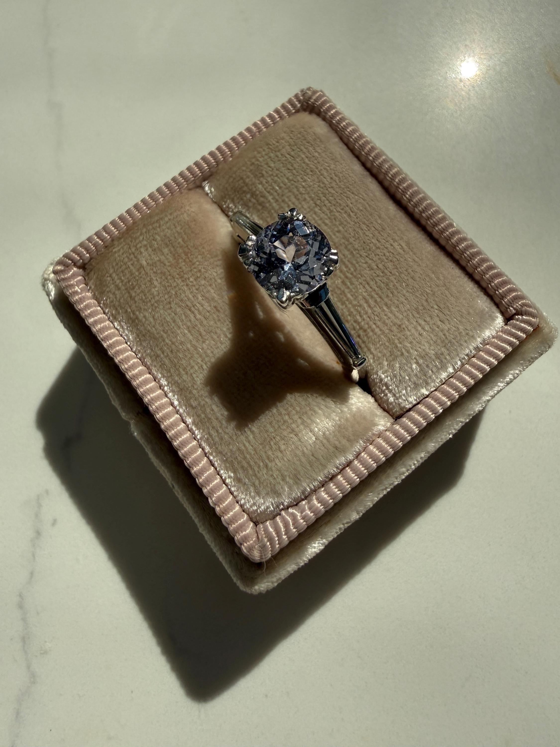 Vintage Platinum Unheated Light Lavender Sapphire Engagement Ring with Baguette Diamonds - 1.81ct.