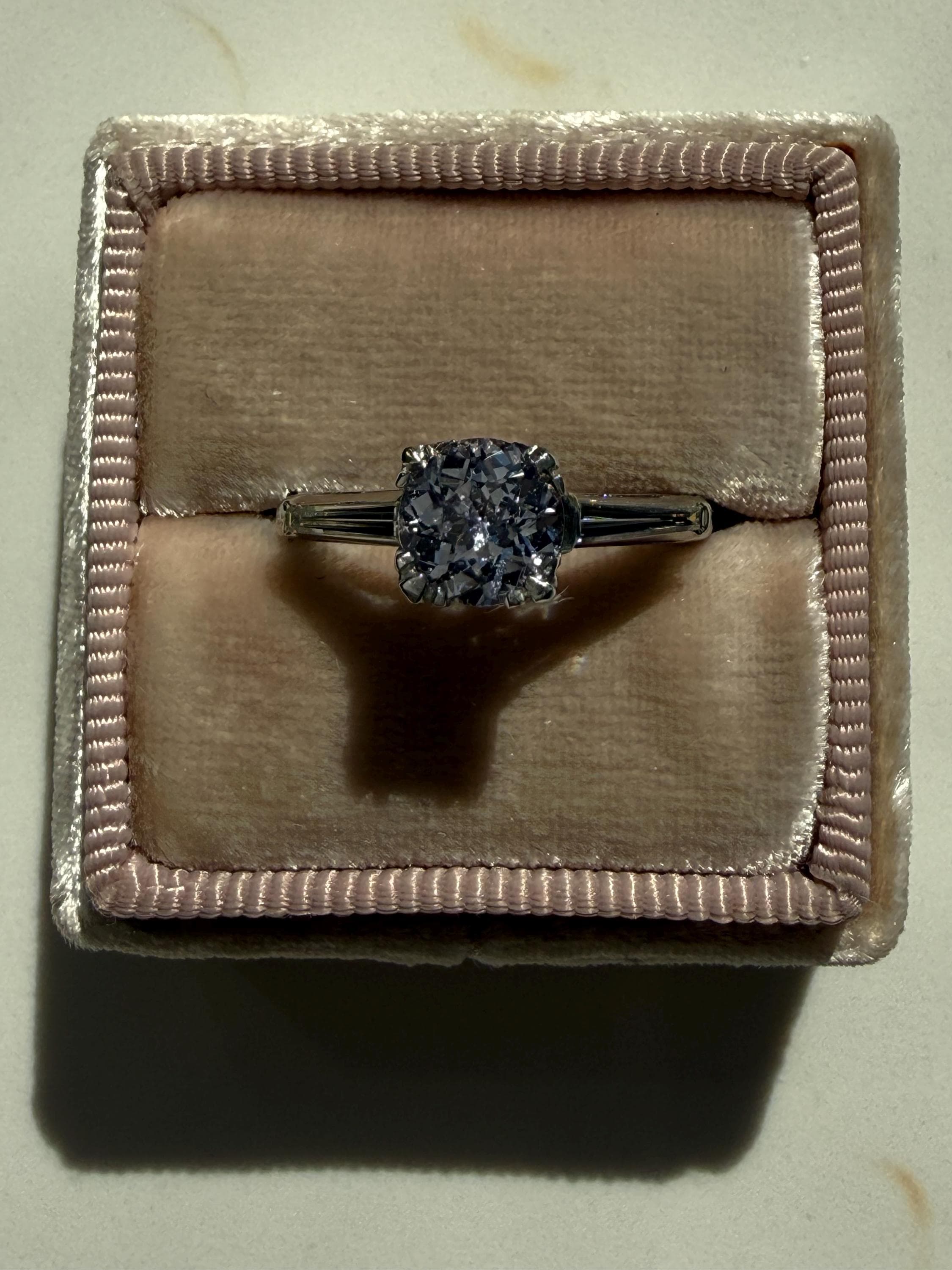 Vintage Platinum Unheated Light Lavender Sapphire Engagement Ring with Baguette Diamonds - 1.81ct.