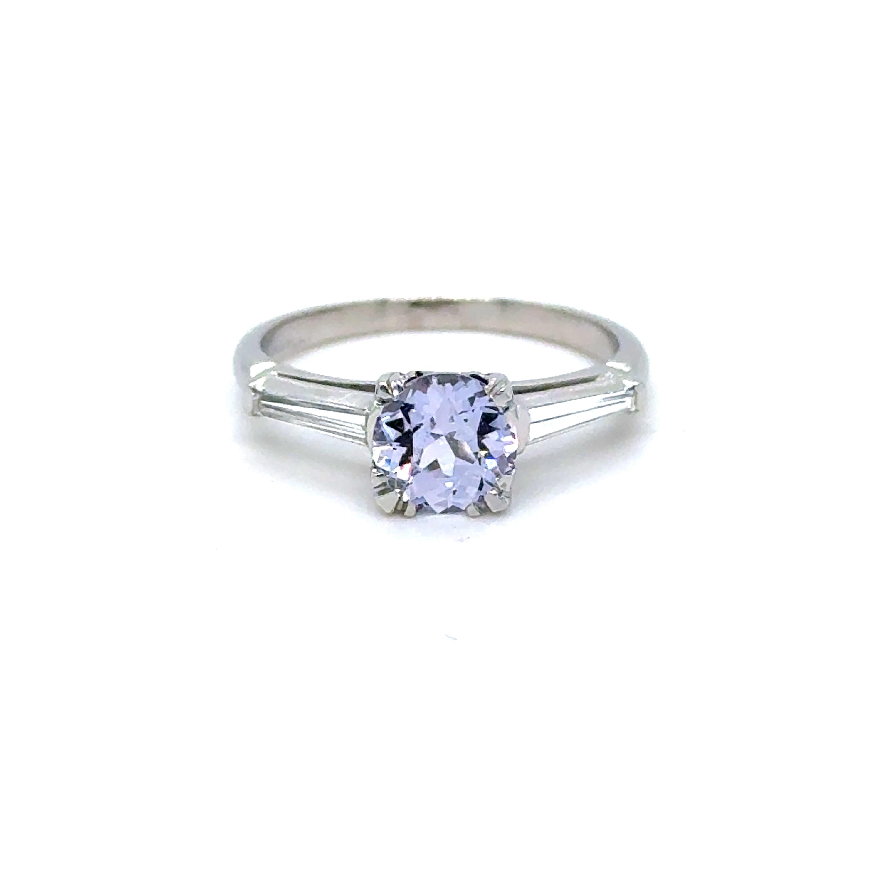 Vintage Platinum Unheated Light Lavender Sapphire Engagement Ring with Baguette Diamonds - 1.81ct.