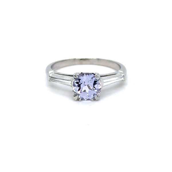 Vintage Platinum Unheated Light Lavender Sapphire Engagement Ring with Baguette Diamonds - 1.81ct.