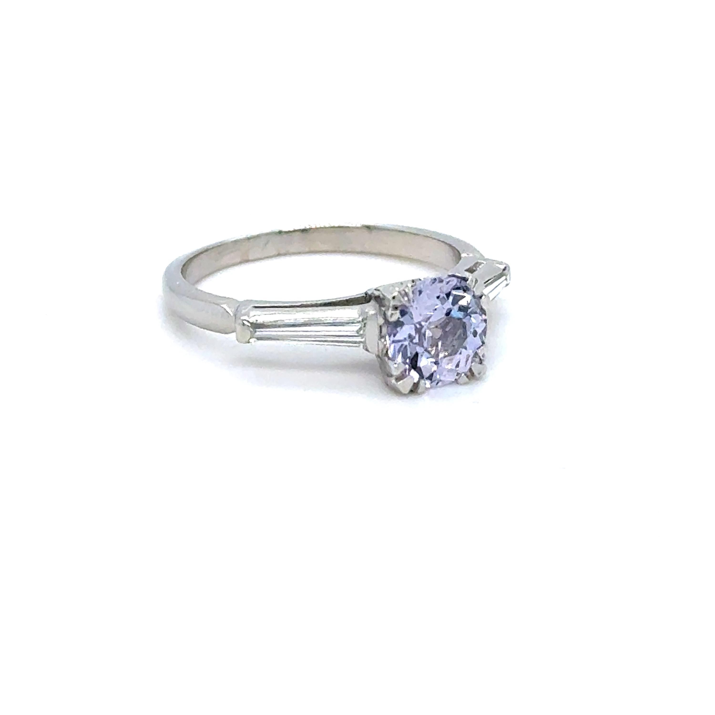 Vintage Platinum Unheated Light Lavender Sapphire Engagement Ring with Baguette Diamonds - 1.81ct.