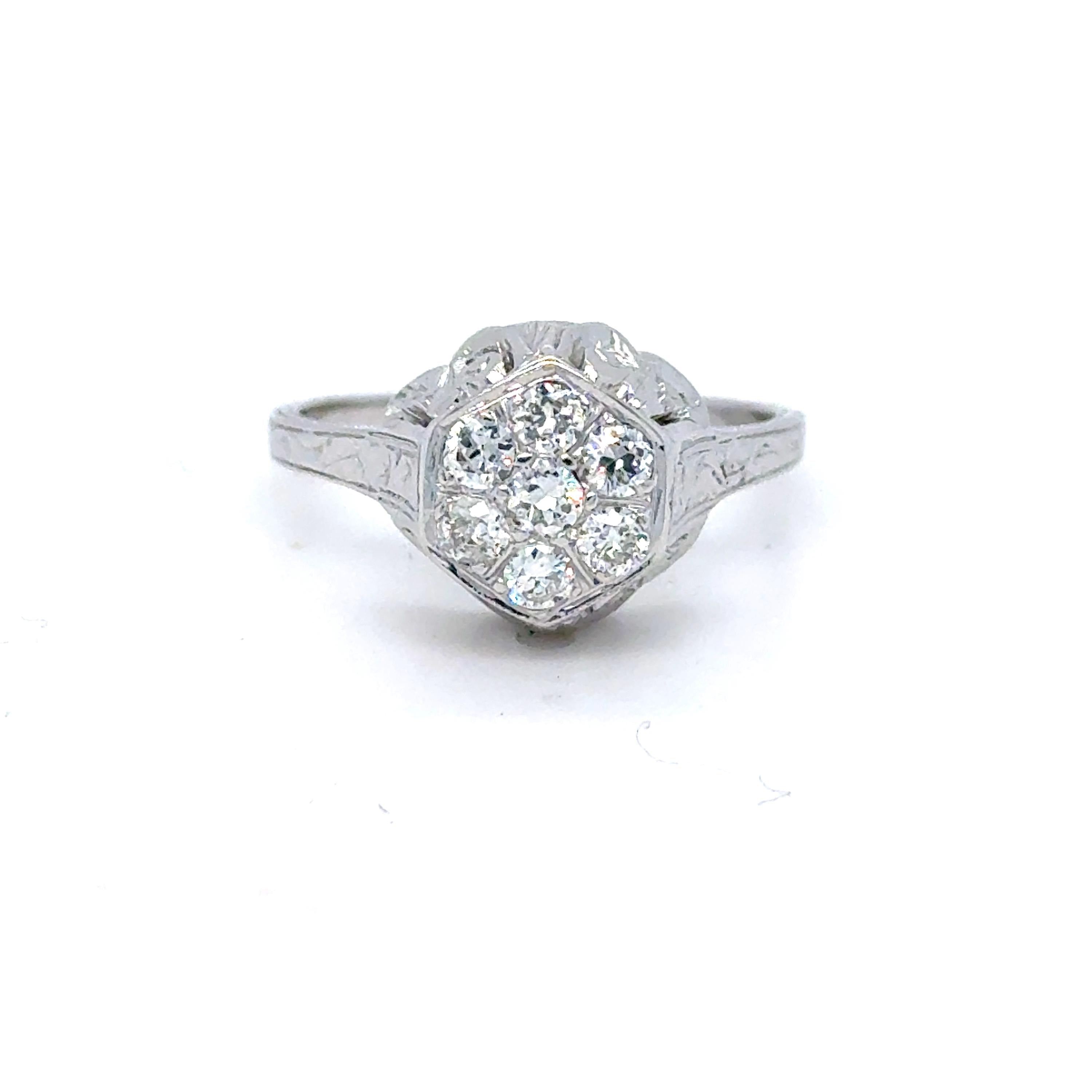 Vintage Filigree 18K White Gold Solitaire Diamond Engagement Ring - 0.42ct.