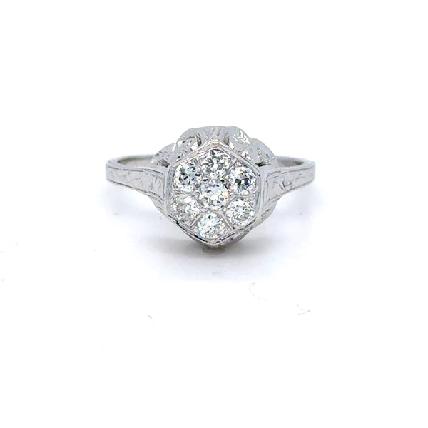 Vintage Filigree 18K White Gold Solitaire Diamond Engagement Ring - 0.42ct.