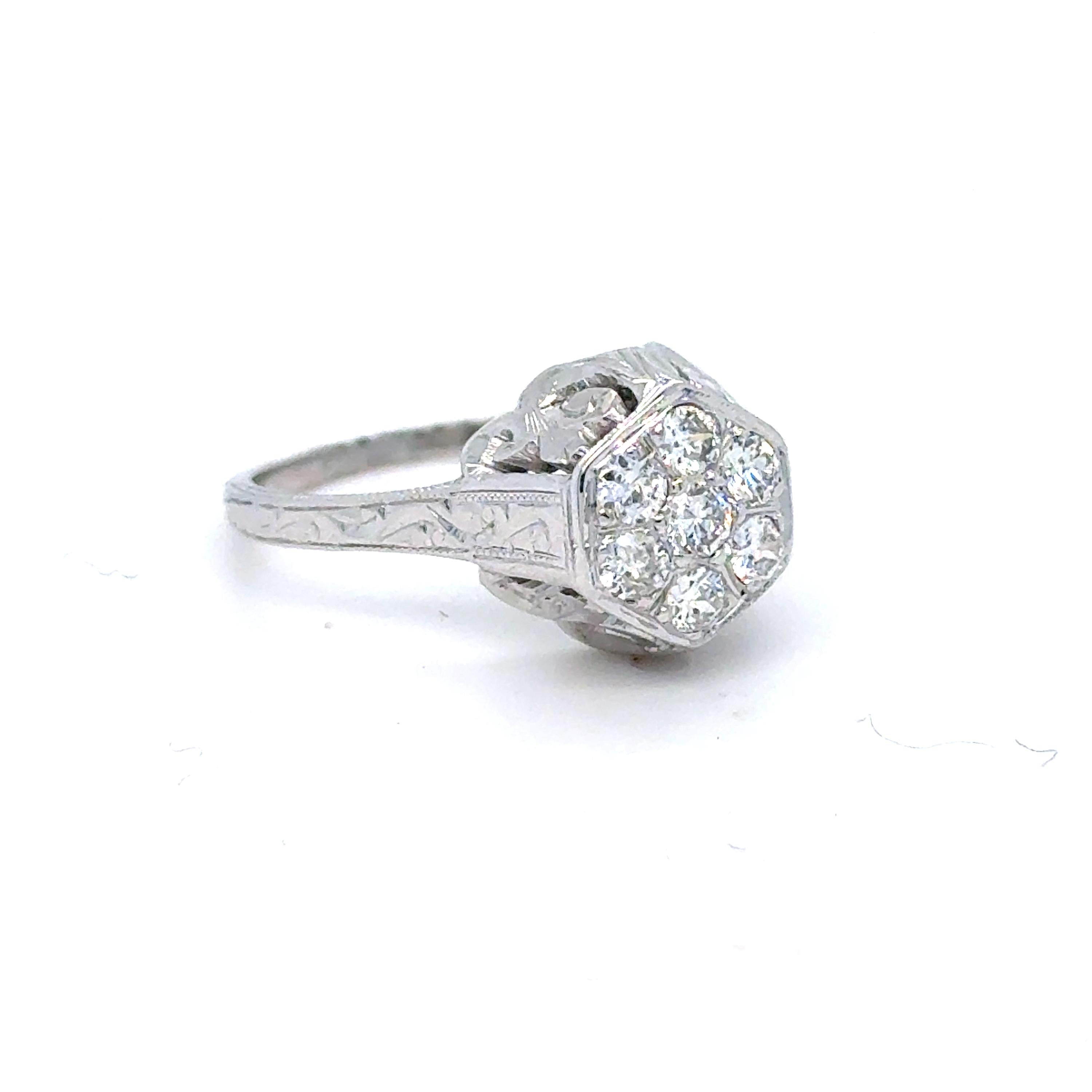 Vintage Filigree 18K White Gold Solitaire Diamond Engagement Ring - 0.42ct.