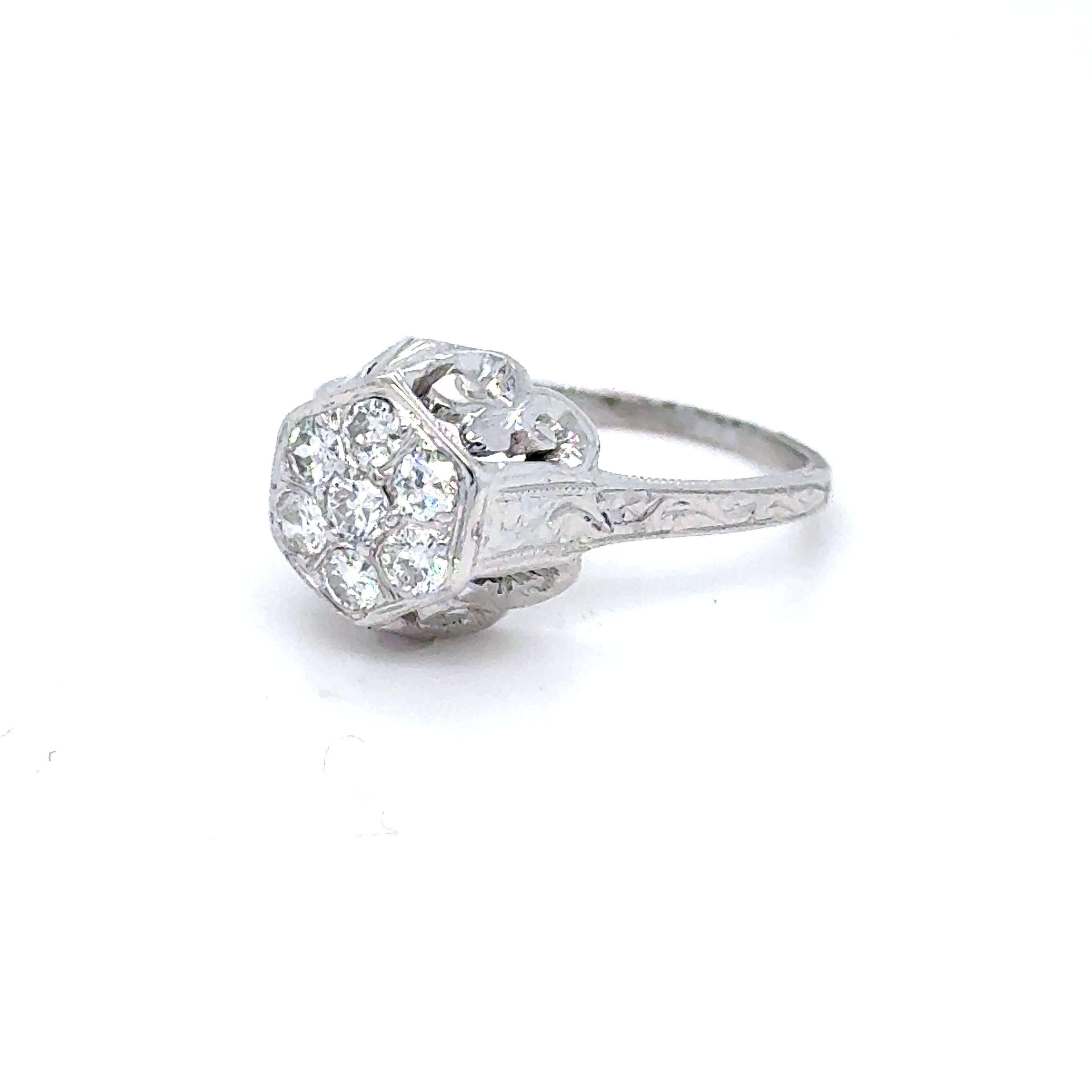 Vintage Filigree 18K White Gold Solitaire Diamond Engagement Ring - 0.42ct.