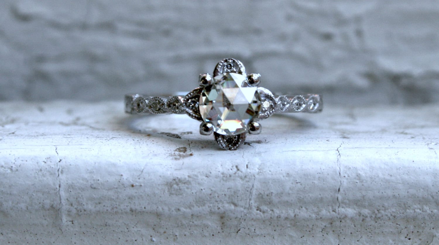 Platinum Rose Cut Moissanite Engagement Ring.