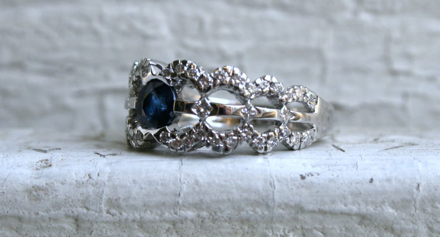 Unique Scalloped Vintage 18K White Gold Diamond and Natural Sapphire Engagement Ring - 1.96ct.