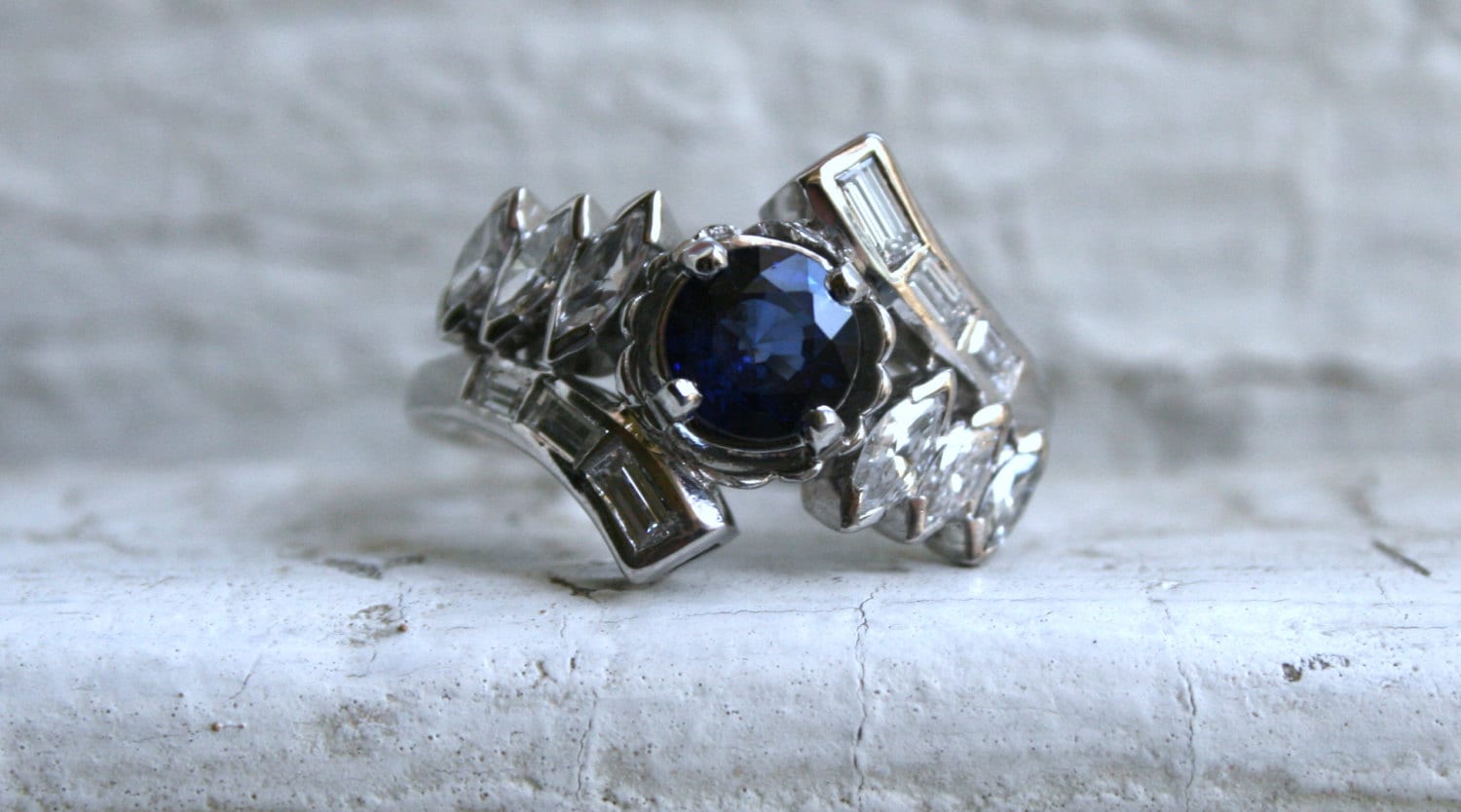Pretty Vintage 14K White Gold Diamond and Sapphire Cluster Ring Engagement Ring - 1.90ct.