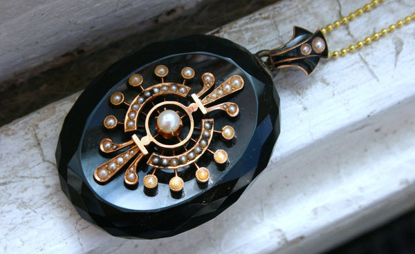 Antique Victorian 14K Yellow Gold Pendant Locket with Onyx, Pearls, and Enamel.