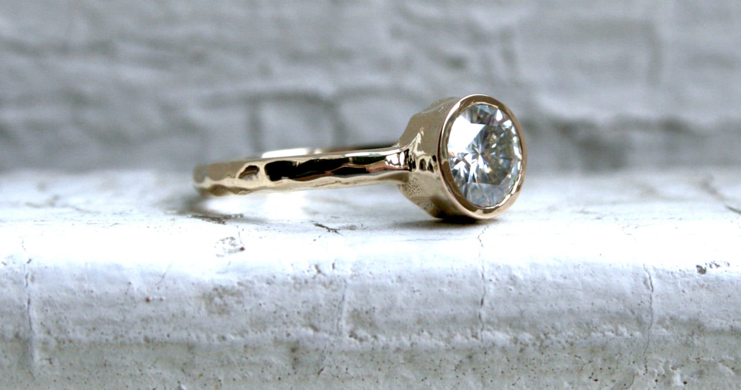 Hammered 14K Yellow Gold Moissanite Solitaire Engagement Ring Wedding Ring.