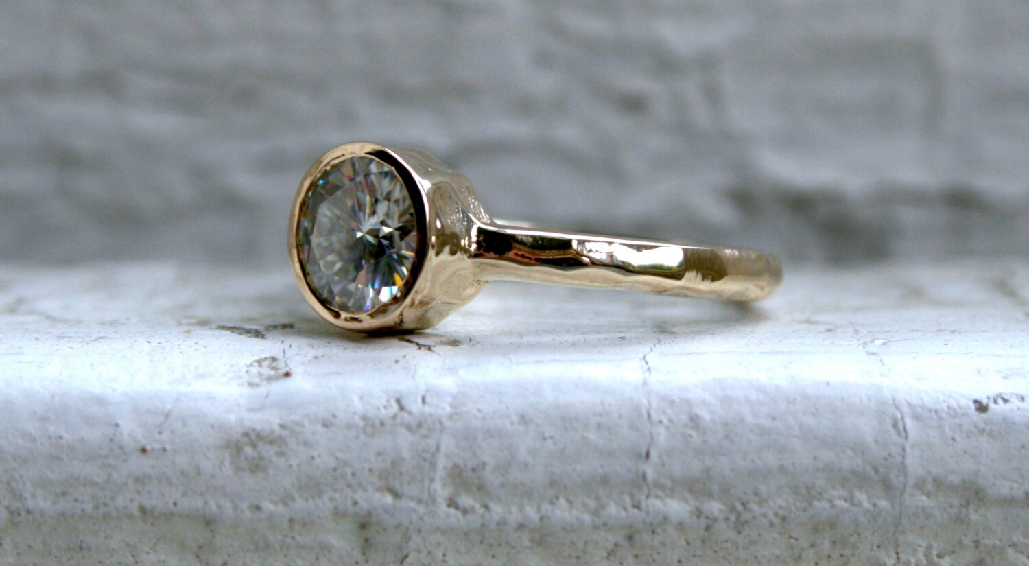 Hammered 14K Yellow Gold Moissanite Solitaire Engagement Ring Wedding Ring.